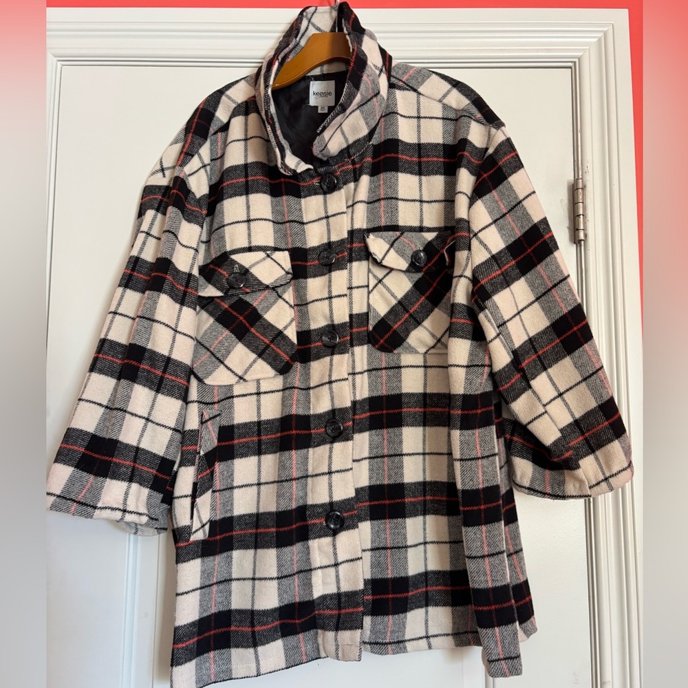 Kensie Checkered Faux Wool Jacket with Black and Red Accents